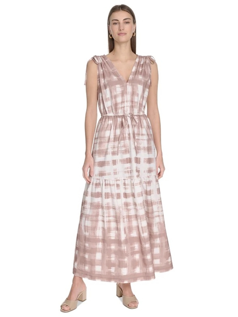Calvin Klein Tan and White Plaid Sleeveless Maxi Dress